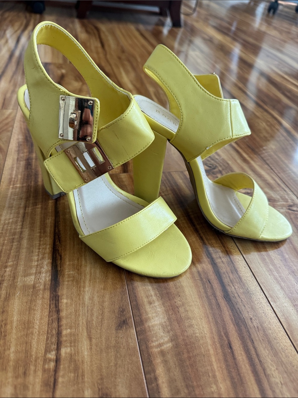 BAMBOO Lemon Yellow Block Heel Sandals with Gold Plate
